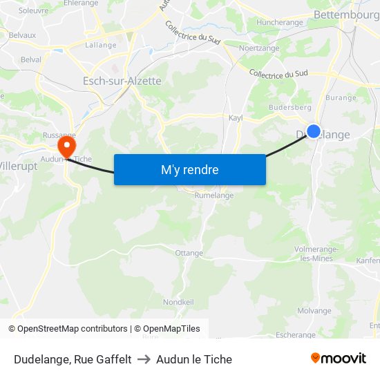 Dudelange, Rue Gaffelt to Audun le Tiche map