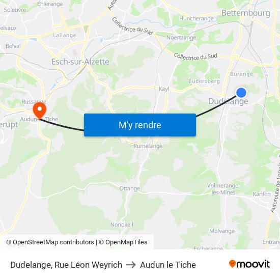 Dudelange, Rue Léon Weyrich to Audun le Tiche map