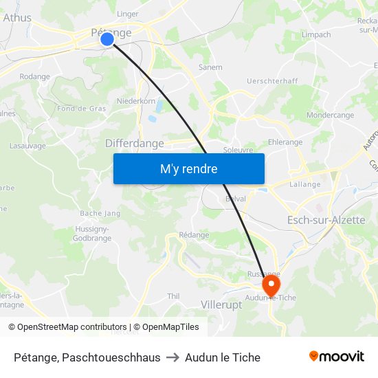 Pétange, Paschtoueschhaus to Audun le Tiche map