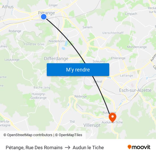 Pétange, Rue Des Romains to Audun le Tiche map