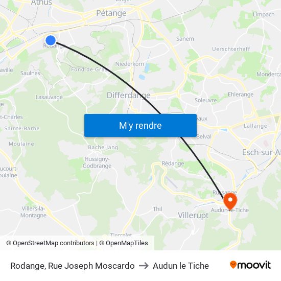 Rodange, Rue Joseph Moscardo to Audun le Tiche map