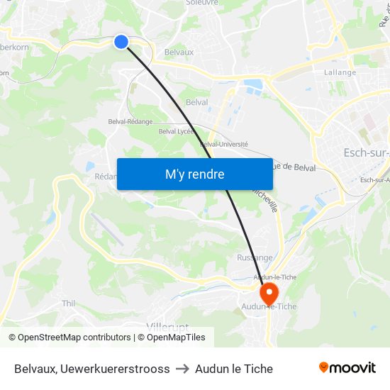 Belvaux, Uewerkuererstrooss to Audun le Tiche map