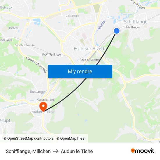 Schifflange, Millchen to Audun le Tiche map
