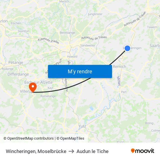 Wincheringen, Moselbrücke to Audun le Tiche map
