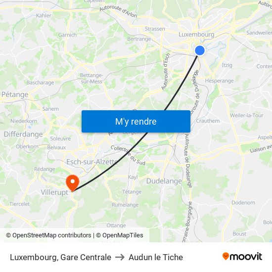 Luxembourg, Gare Centrale to Audun le Tiche map