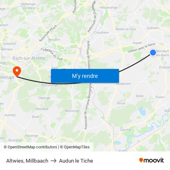 Altwies, Millbaach to Audun le Tiche map