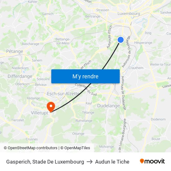 Gasperich, Stade De Luxembourg to Audun le Tiche map