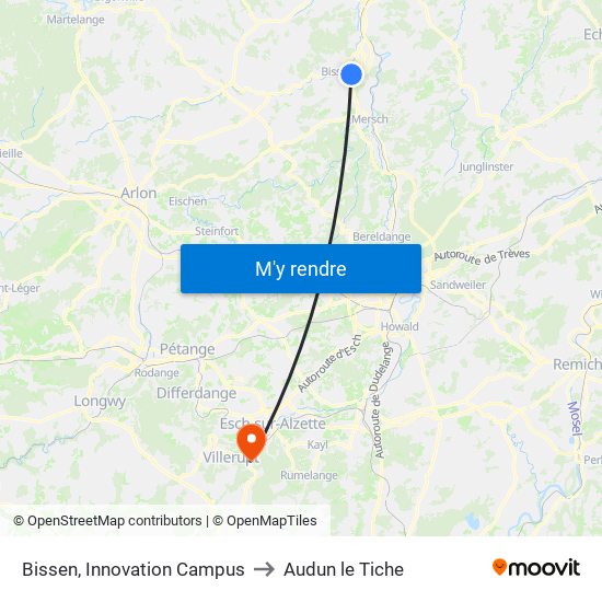 Bissen, Innovation Campus to Audun le Tiche map