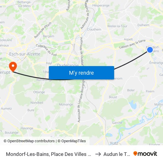 Mondorf-Les-Bains, Place Des Villes Jumelées to Audun le Tiche map