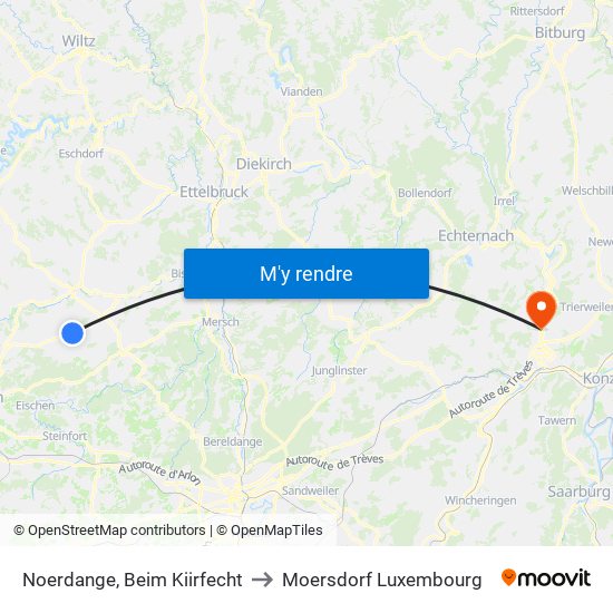 Noerdange, Beim Kiirfecht to Moersdorf Luxembourg map