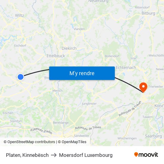 Platen, Kinnebësch to Moersdorf Luxembourg map