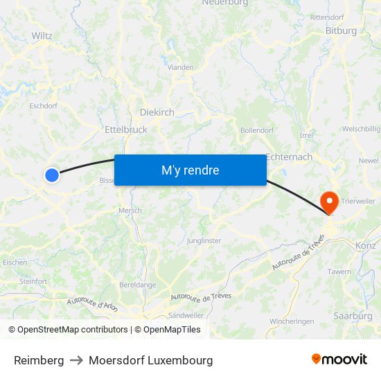 Reimberg to Moersdorf Luxembourg map