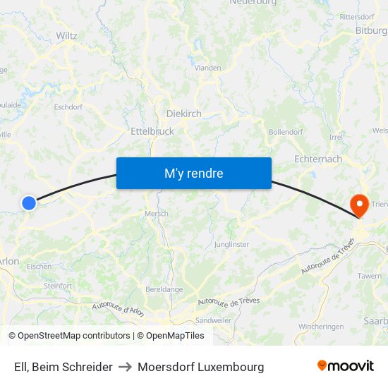 Ell, Beim Schreider to Moersdorf Luxembourg map