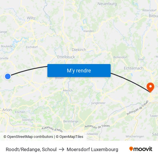 Roodt/Redange, Schoul to Moersdorf Luxembourg map