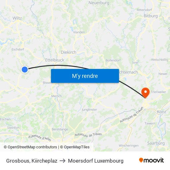 Grosbous, Kiircheplaz to Moersdorf Luxembourg map