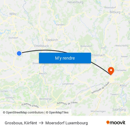 Grosbous, Kiirfënt to Moersdorf Luxembourg map