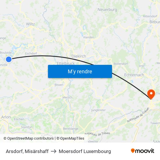 Arsdorf, Misärshaff to Moersdorf Luxembourg map