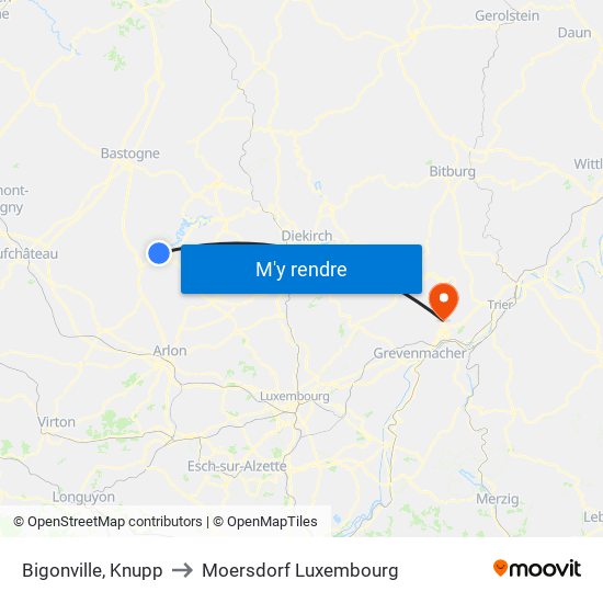 Bigonville, Knupp to Moersdorf Luxembourg map