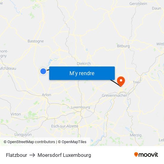 Flatzbour to Moersdorf Luxembourg map