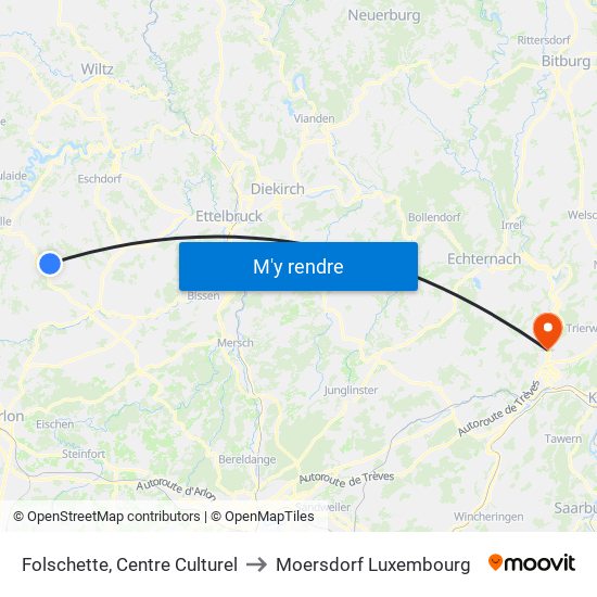 Folschette, Centre Culturel to Moersdorf Luxembourg map