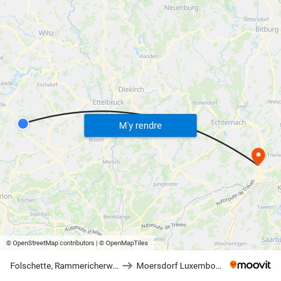 Folschette, Rammericherwee to Moersdorf Luxembourg map