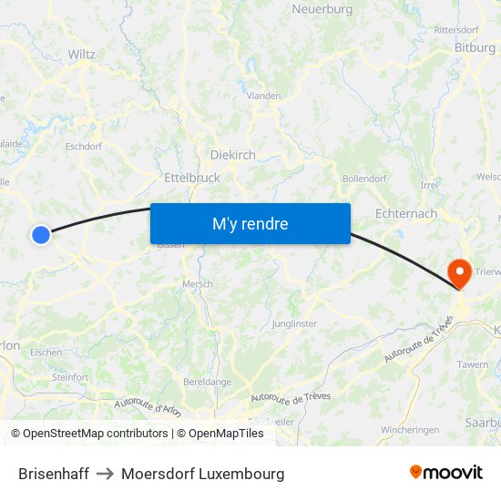 Brisenhaff to Moersdorf Luxembourg map