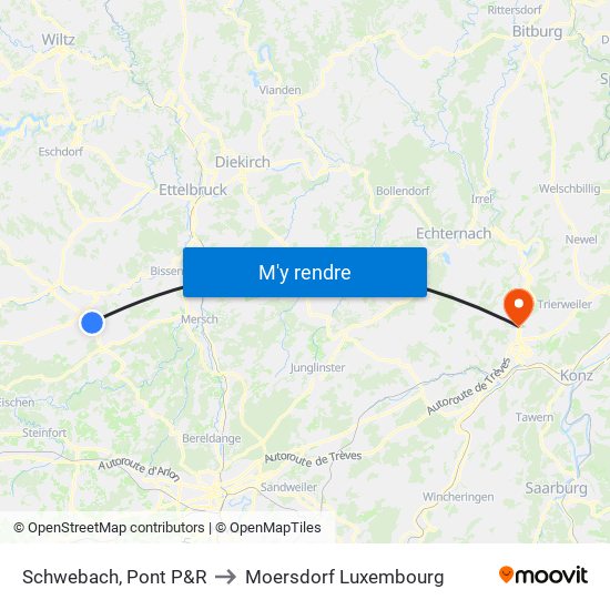 Schwebach, Pont P&R to Moersdorf Luxembourg map