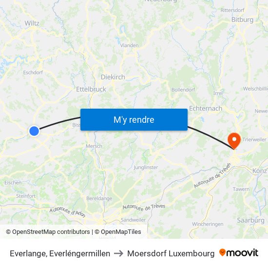 Everlange, Everléngermillen to Moersdorf Luxembourg map