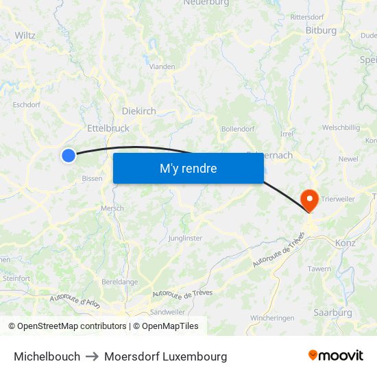 Michelbouch to Moersdorf Luxembourg map