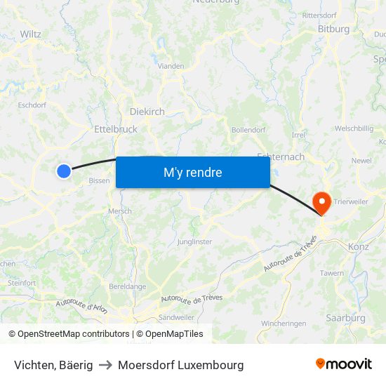 Vichten, Bäerig to Moersdorf Luxembourg map
