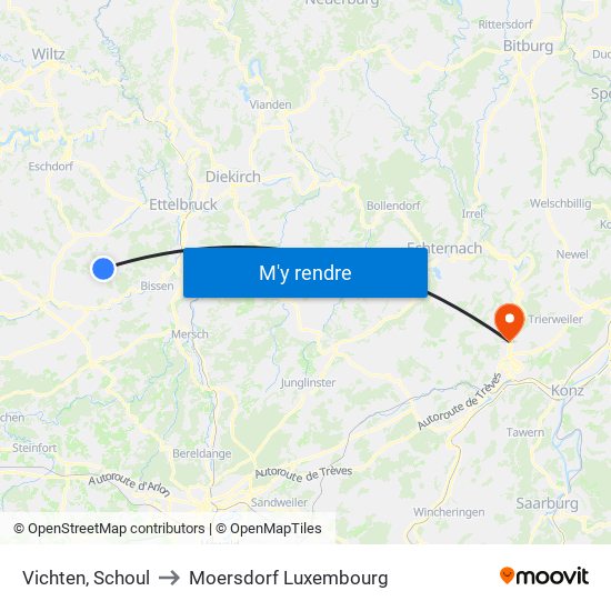 Vichten, Schoul to Moersdorf Luxembourg map