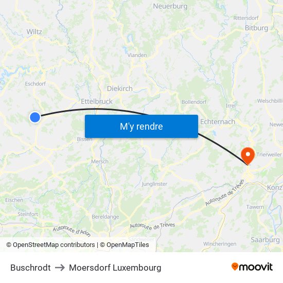 Buschrodt to Moersdorf Luxembourg map