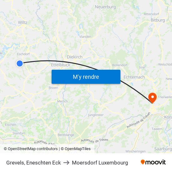 Grevels, Eneschten Eck to Moersdorf Luxembourg map