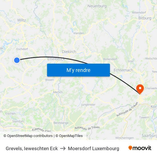 Grevels, Ieweschten Eck to Moersdorf Luxembourg map