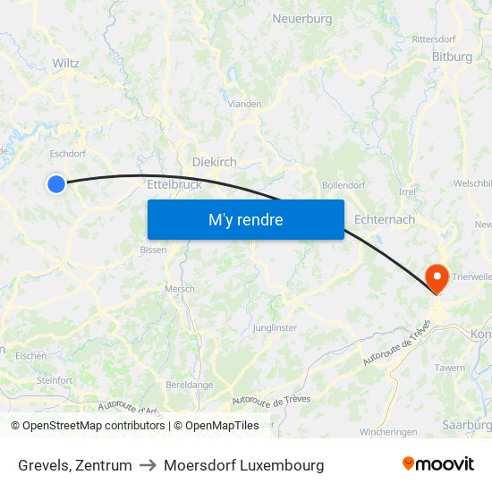 Grevels, Zentrum to Moersdorf Luxembourg map