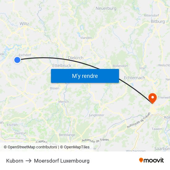 Kuborn to Moersdorf Luxembourg map