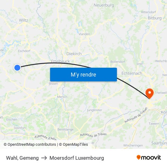 Wahl, Gemeng to Moersdorf Luxembourg map