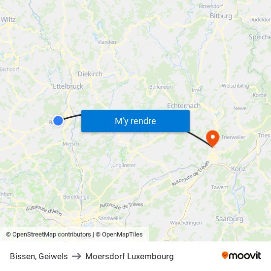 Bissen, Geiwels to Moersdorf Luxembourg map