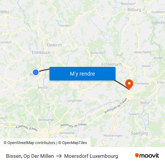 Bissen, Op Der Millen to Moersdorf Luxembourg map