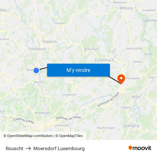 Rouscht to Moersdorf Luxembourg map