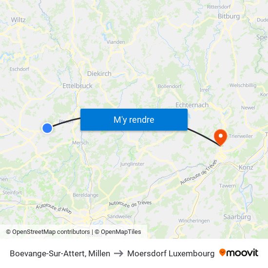 Boevange-Sur-Attert, Millen to Moersdorf Luxembourg map