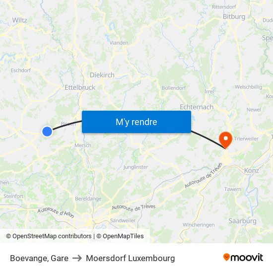 Boevange, Gare to Moersdorf Luxembourg map