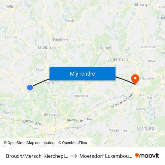 Brouch/Mersch, Kiercheplaz to Moersdorf Luxembourg map