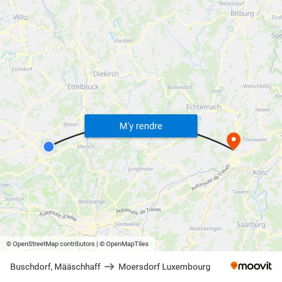 Buschdorf, Määschhaff to Moersdorf Luxembourg map