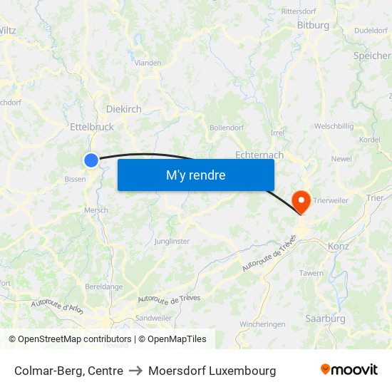 Colmar-Berg, Centre to Moersdorf Luxembourg map