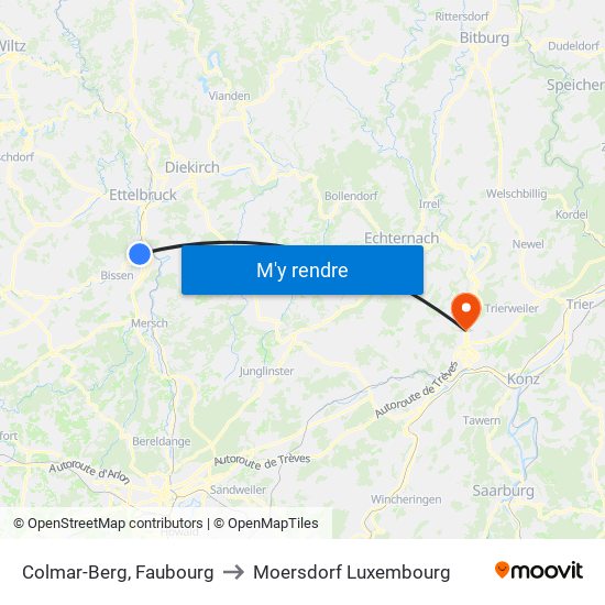 Colmar-Berg, Faubourg to Moersdorf Luxembourg map