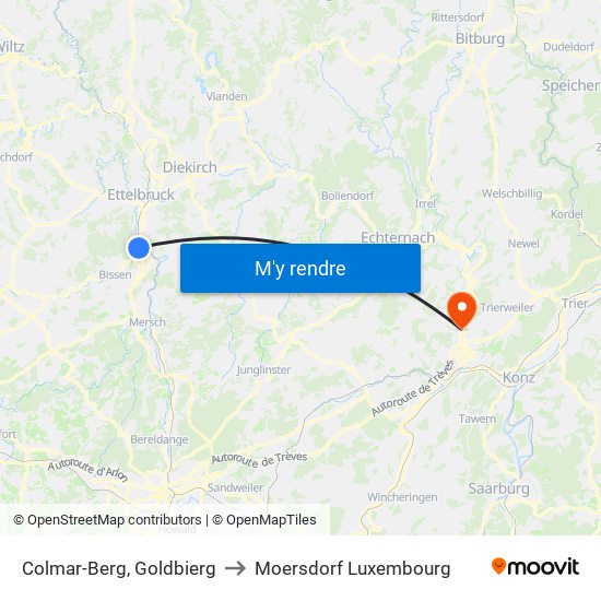 Colmar-Berg, Goldbierg to Moersdorf Luxembourg map