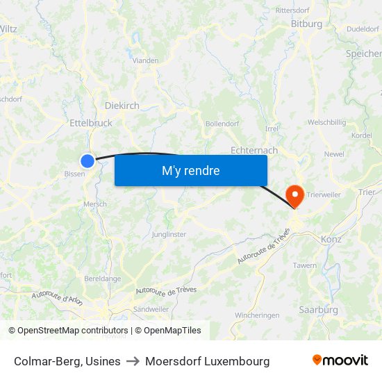 Colmar-Berg, Usines to Moersdorf Luxembourg map