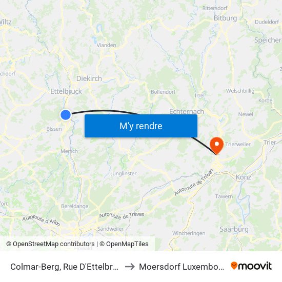 Colmar-Berg, Rue D'Ettelbruck to Moersdorf Luxembourg map