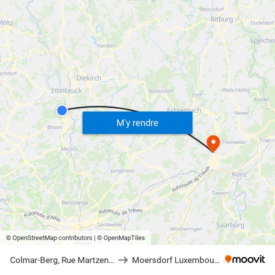 Colmar-Berg, Rue Martzen 1 to Moersdorf Luxembourg map